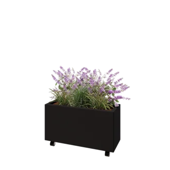 Kruka i stål - Rektangel - 80 x 30 x 40 cm - RAL9005 matt (svart) - Med bottenplatta - Med hjul