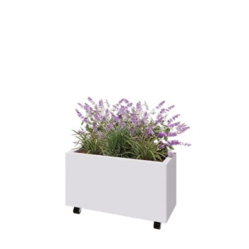 Kruka i stål - Rektangel - 80 x 30 x 40 cm - RAL9010 matt (vit) - Med bottenplatta - Med hjul