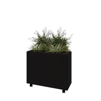 Kruka i stål - Rektangel - 80 x 30 x 60 cm - RAL9005 matt (svart) - Med bottenplatta - Med hjul