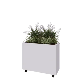Kruka i stål - Rektangel - 80 x 30 x 60 cm - RAL9010 matt (vit) - Med bottenplatta - Med hjul