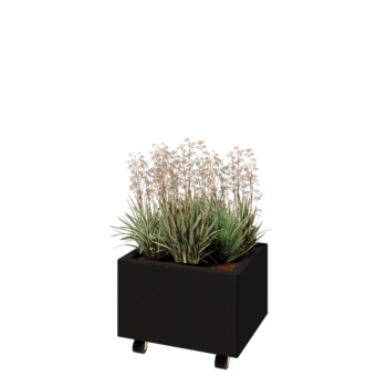 Kruka i stål - Rektangel - 50 x 40 x 30 cm - RAL9005 matt (svart) - Med bottenplatta - Med hjul