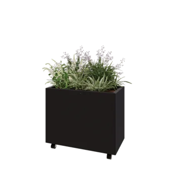 Kruka i stål - Rektangel - 80 x 40 x 60 cm - RAL9005 matt (svart) - Med bottenplatta - Med hjul