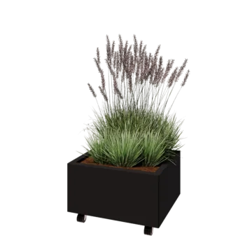 Kruka i stål - Rektangel - 60 x 50 x 30 cm - RAL9005 matt (svart) - Med bottenplatta - Med hjul