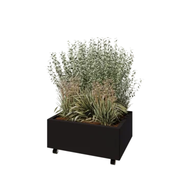 Kruka i stål - Rektangel - 80 x 60 x 30 cm - RAL9005 matt (svart) - Med bottenplatta - Med hjul