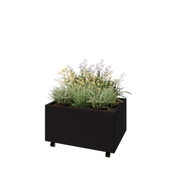 Kruka i stål - Rektangel - 80 x 60 x 40 cm - RAL9005 matt (svart) - Med bottenplatta - Med hjul