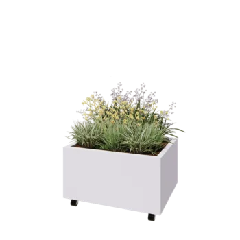 Kruka i stål - Rektangel - 80 x 60 x 40 cm - RAL9010 matt (vit) - Med bottenplatta - Med hjul