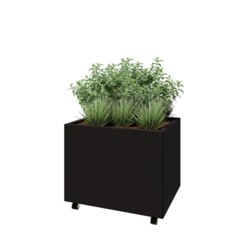 Kruka i stål - Rektangel - 80 x 60 x 60 cm - RAL9005 matt (svart) - Med bottenplatta - Med hjul