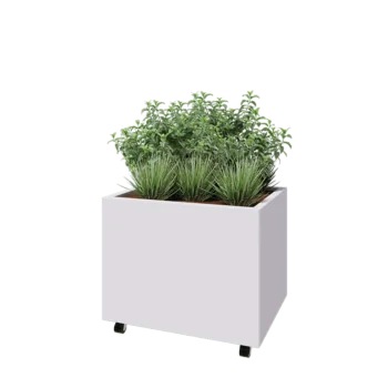 Kruka i stål - Rektangel - 80 x 60 x 60 cm - RAL9010 matt (vit) - Med bottenplatta - Med hjul