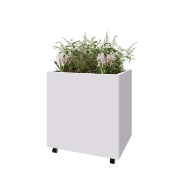 Kruka i stål - Rektangel - 80 x 60 x 80 cm - RAL9010 matt (vit) - Med bottenplatta - Med hjul